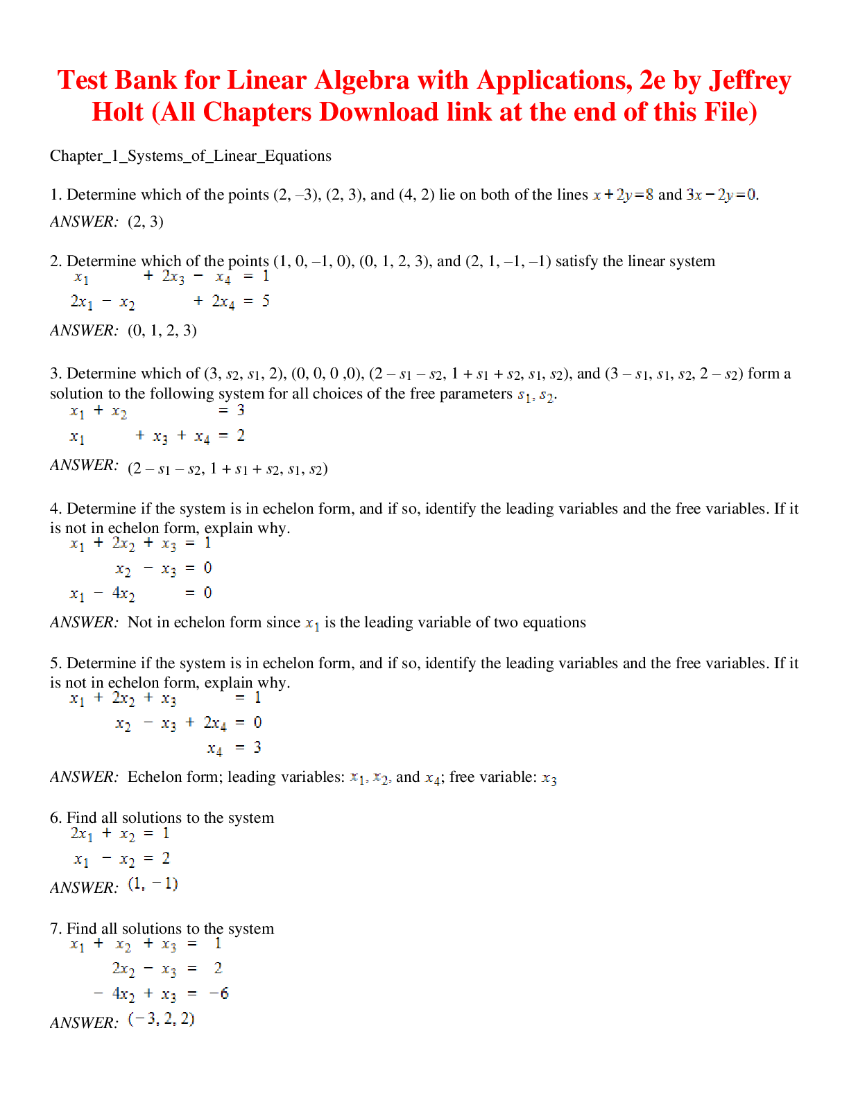 Recommended document preview for Linear Algebra with Applications, 2e by Jeffrey Holt (Test Bank)